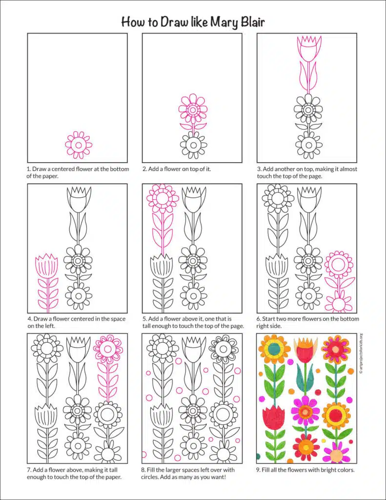 A step by step tutorial for how to draw like Mary Blair, available as a free download.