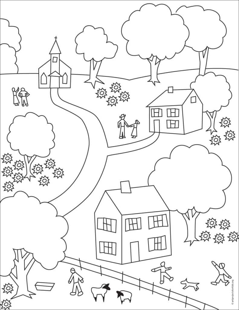 A Grandma Moses coloring page, available as a free download.