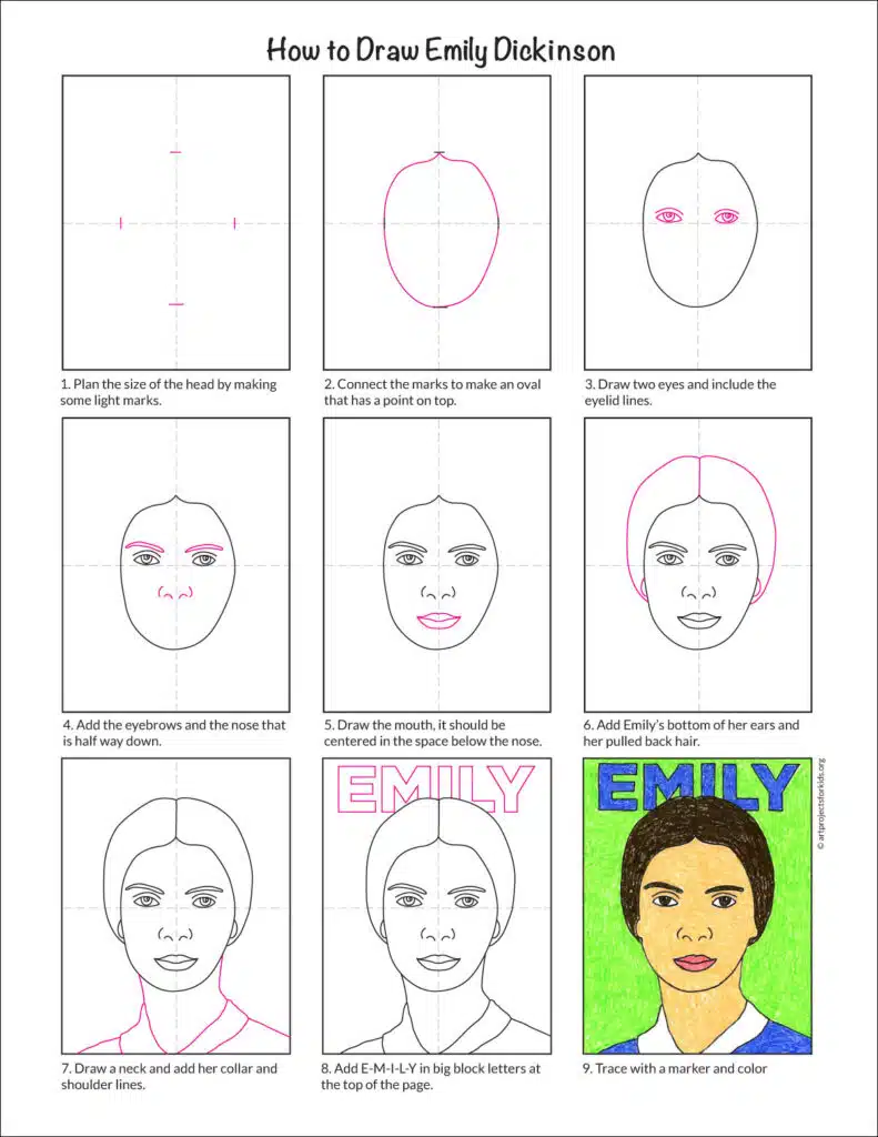 A preview of a step by step Emily Dickinson drawing lesson, available as a free download.
