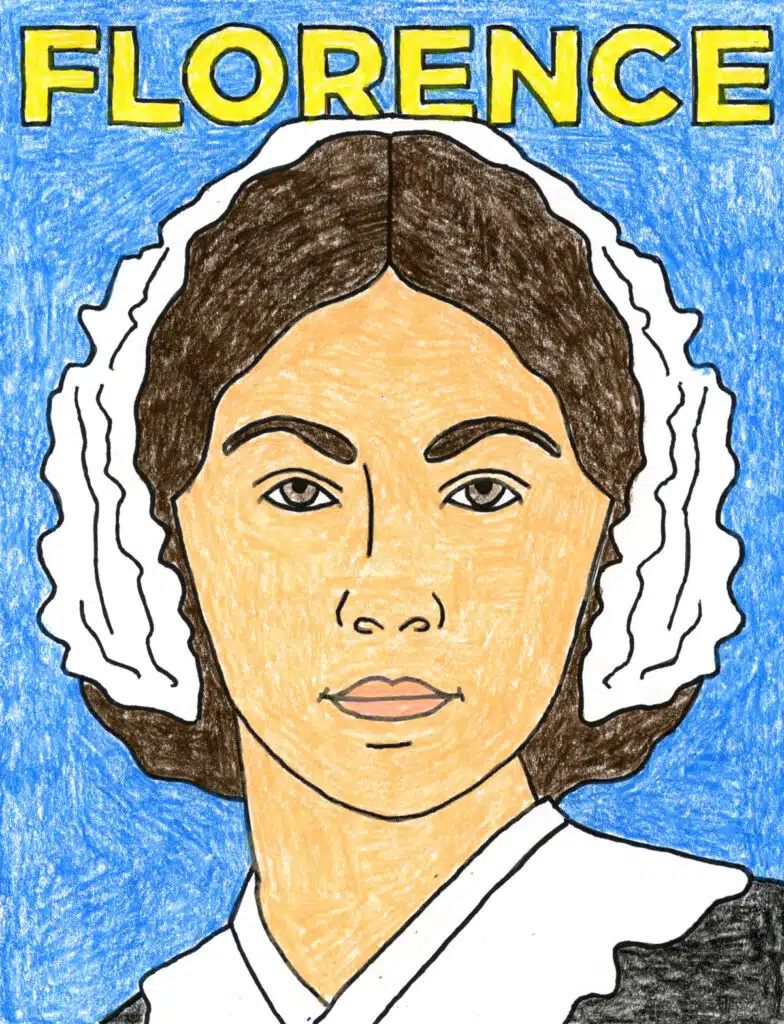 A drawing of Florence Nightingale, made with the help of a step by step tutorial.
