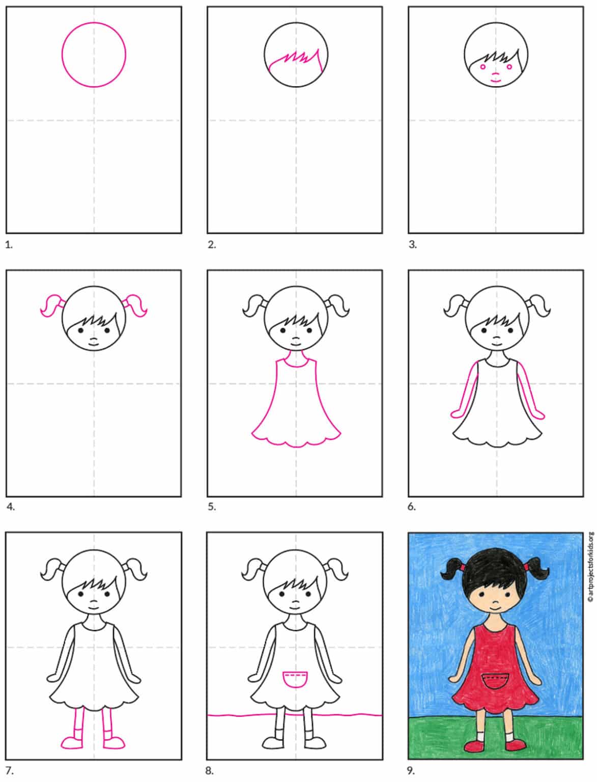 Easy How to Draw a Girl Tutorial Video and Girl Coloring Page