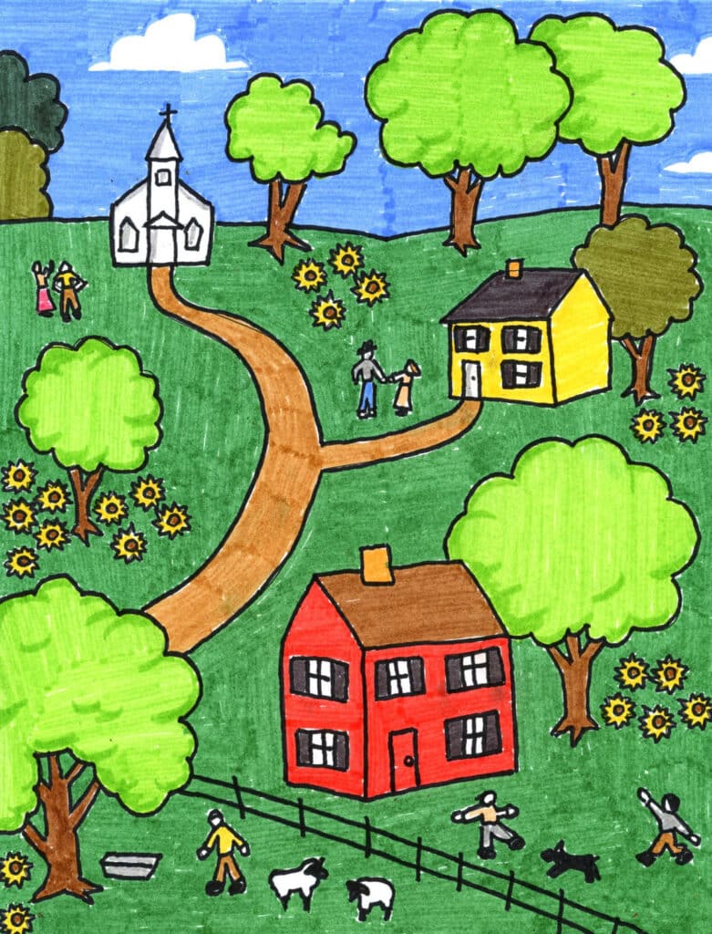 A drawing made like Grandma Moses, made with the help of a step by step tutorial.