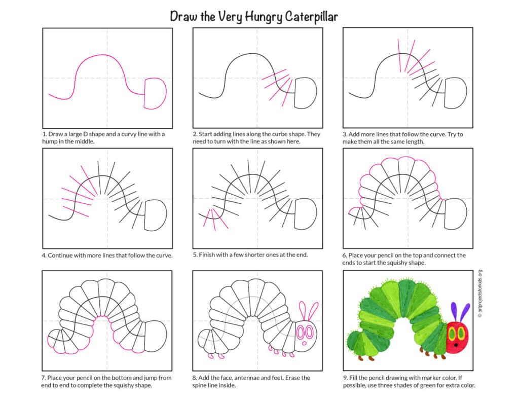 A preview of the step by step how to draw the Very Hungry Caterpillar tutorial.