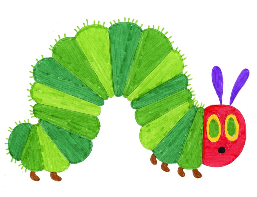 A drawing of the Very Hungry Caterpillar, made with the help of a step by step tutorial
