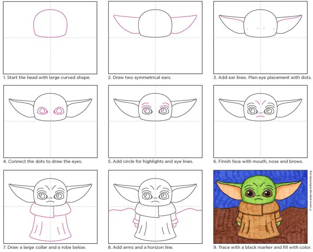 A preview of the step by step Baby Yoda tutorial, available as a free download.