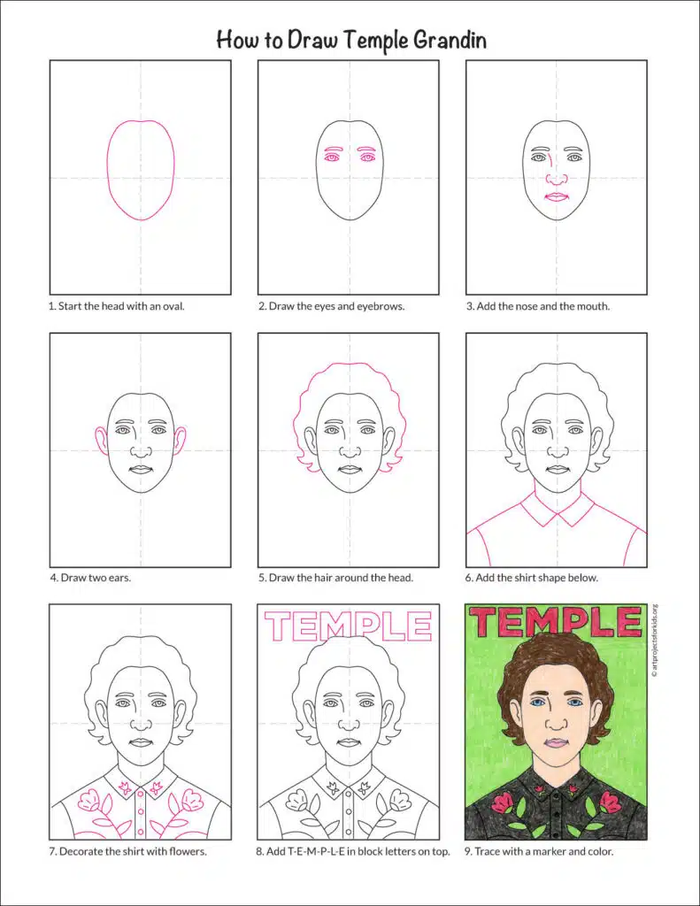 A step by step tutorial for how to draw Temple Grandin, available as a free download.