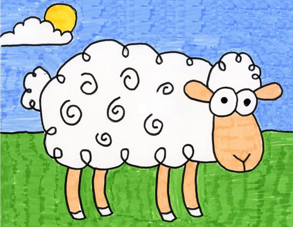 A drawing of a Cartoon Sheep, made with the help of an easy step by step tutorial.