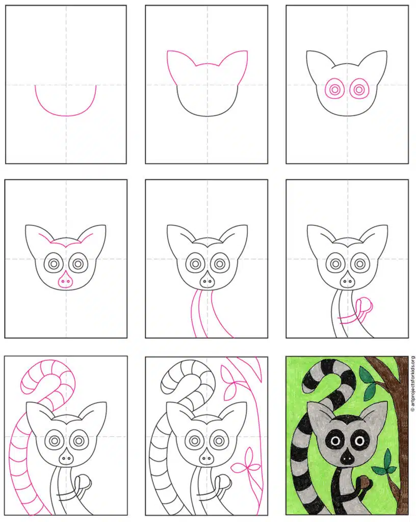 A step by step tutorial for how to draw an easy Lemur, also available as a free download.