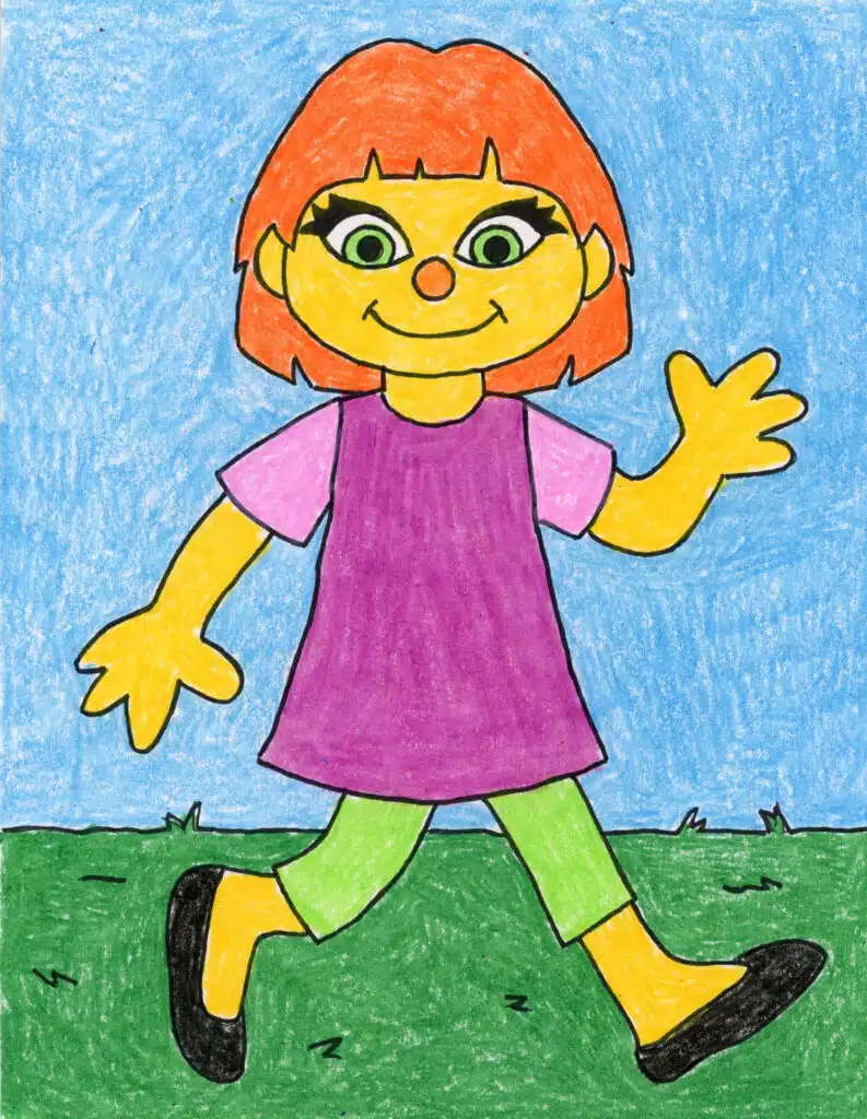 A drawing of Julia from Sesame Street, made with the help of a step by step tutorial.