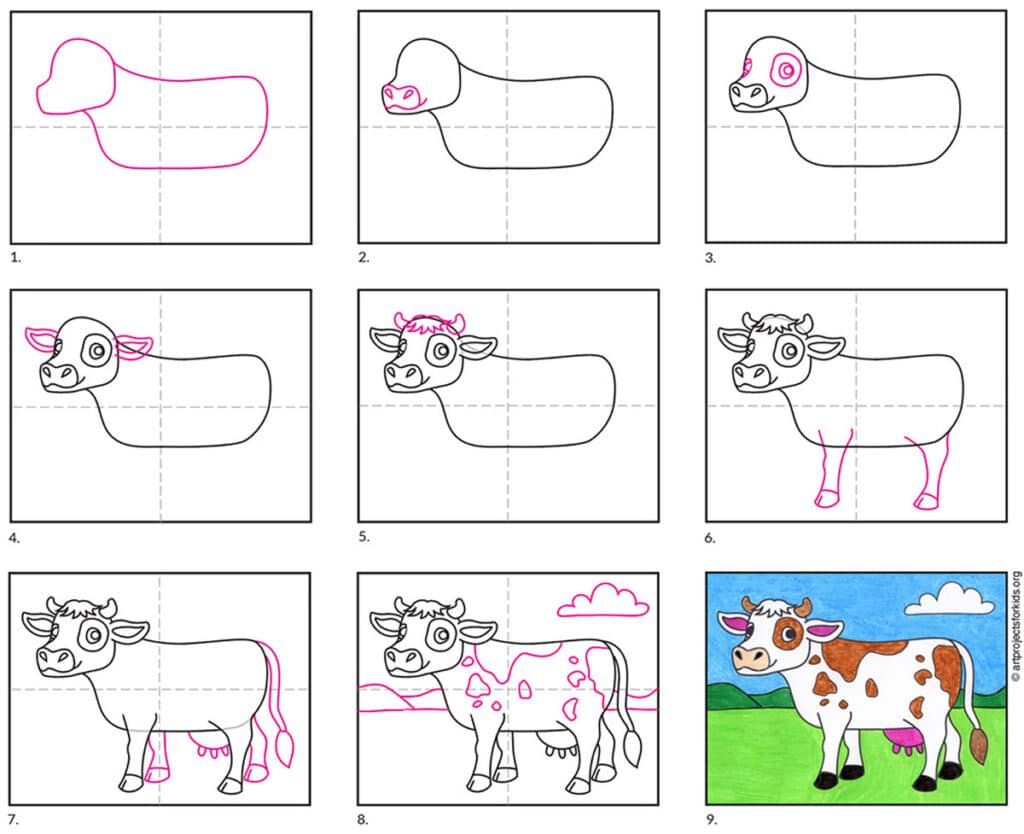 A step by step tutorial for how to draw an easy cow, also available as a free tutorial.