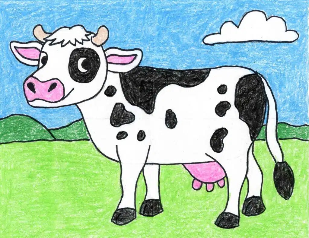 A drawing of a cow, made with the help of an easy step by step tutorial.