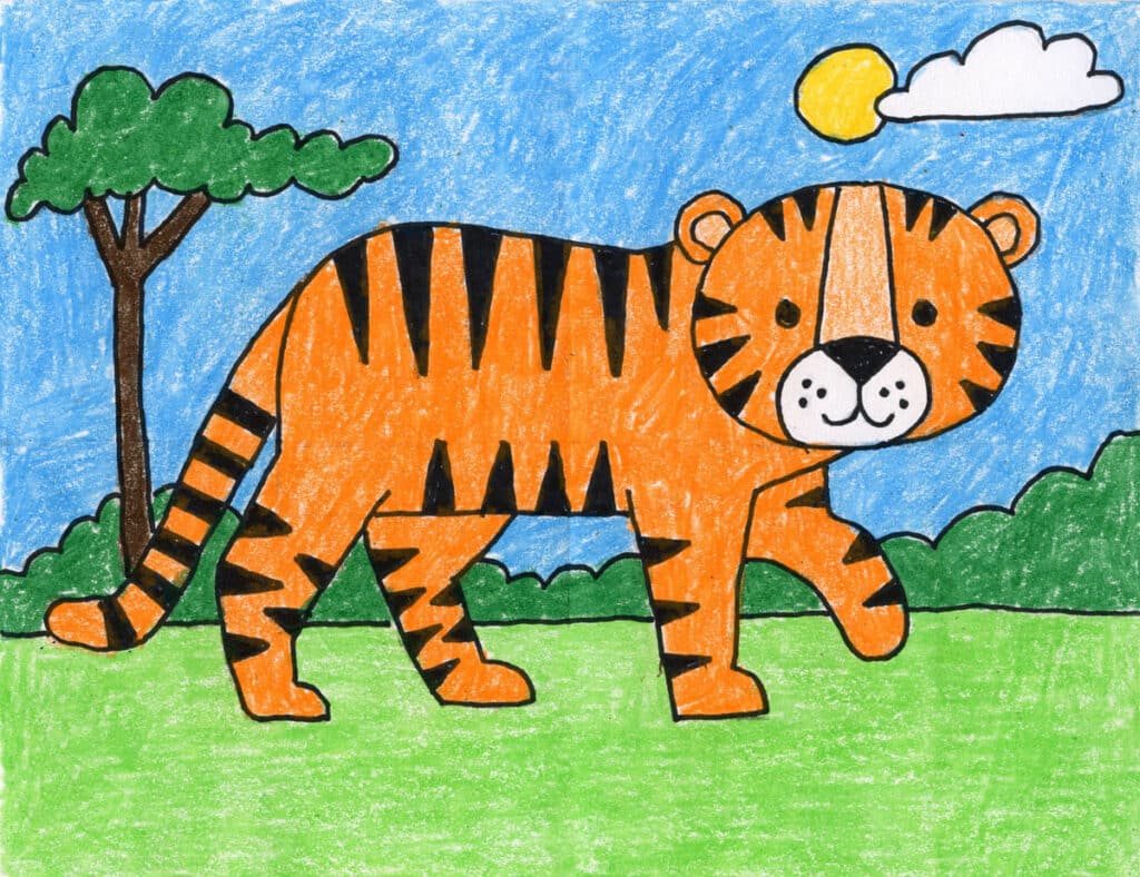 A drawing of a tiger, made with the help of a step-by-step tutorial.