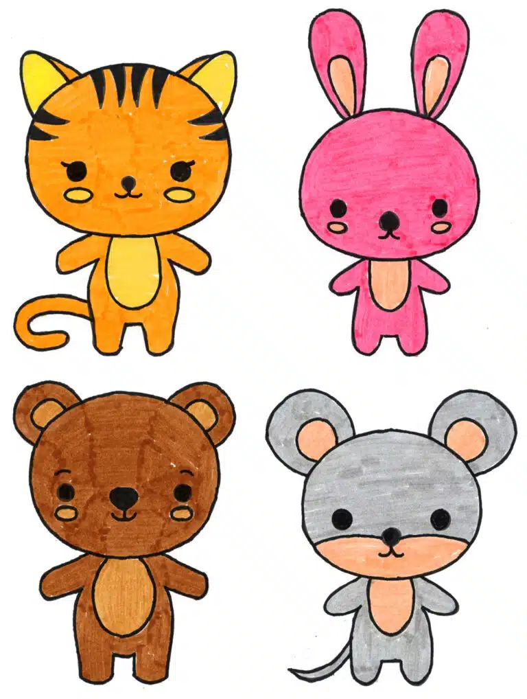 Easy How to Draw Kawaii Animals and Kawaii Animal Coloring Page