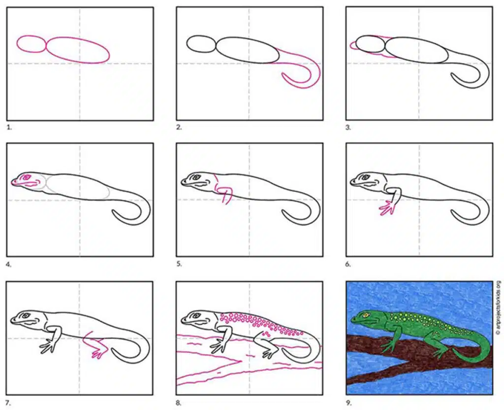 Предварительный просмотр пошагового руководства по рисованию ящерицы, доступного для бесплатной загрузки.