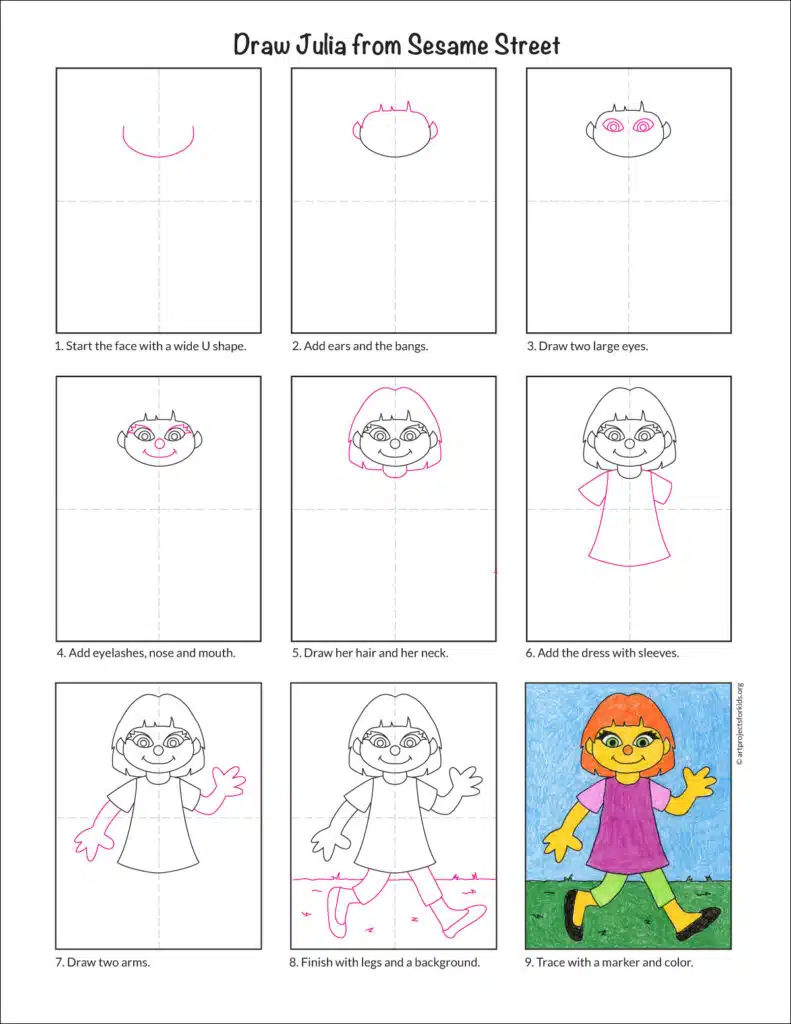 A step by step tutorial for how to draw Julia from Sesame Street, available as a free download.