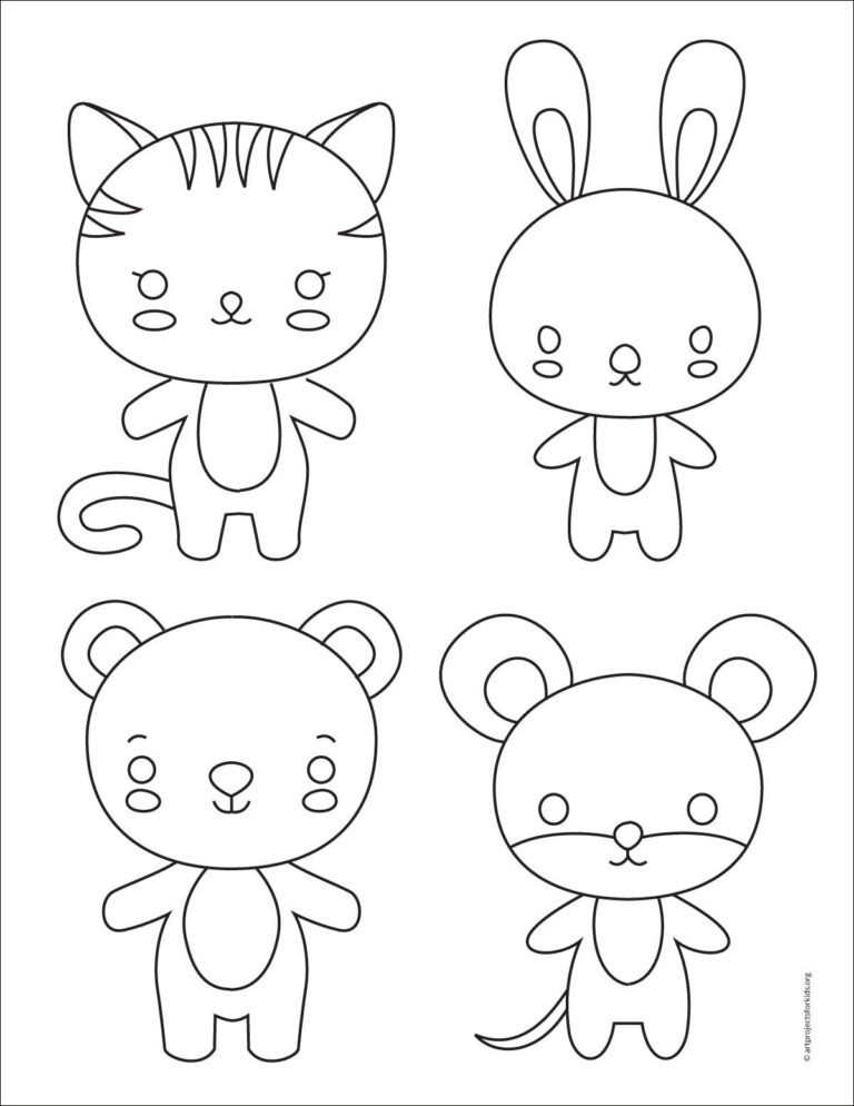 Easy How to Draw Kawaii Animals and Kawaii Coloring Page