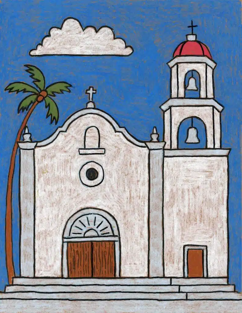 A drawing of a California Mission, made with the help of a step-by-step tutorial.