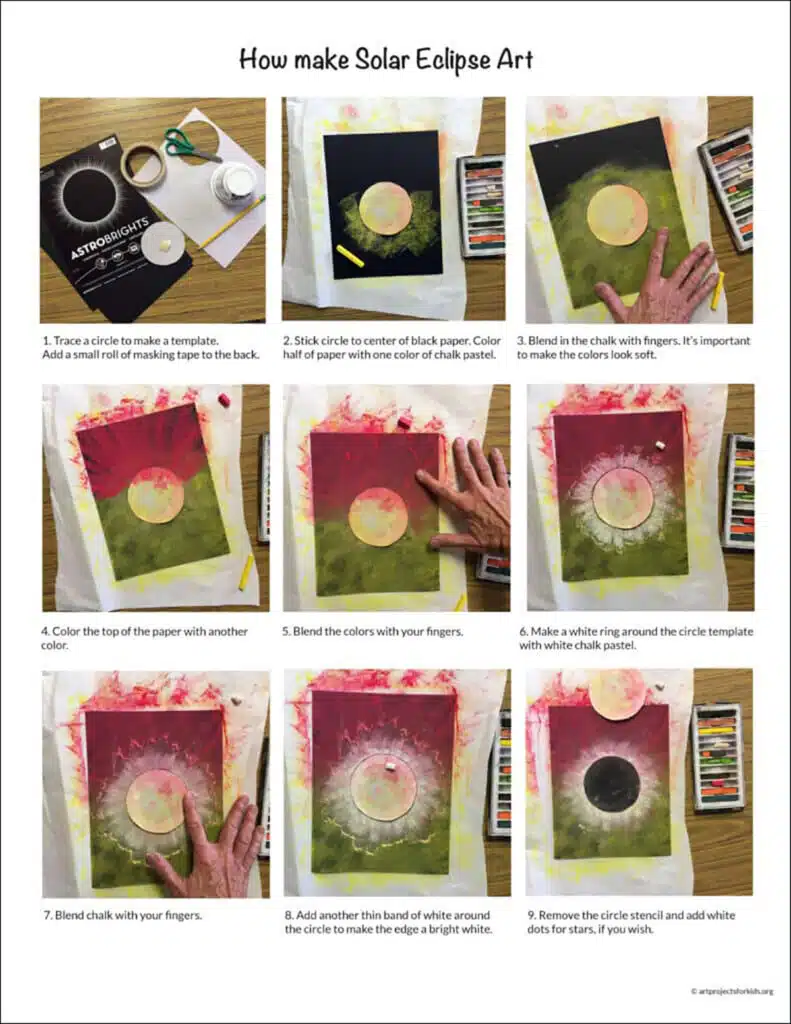 A preview of the step by step solar eclipse art project, available as a free download.