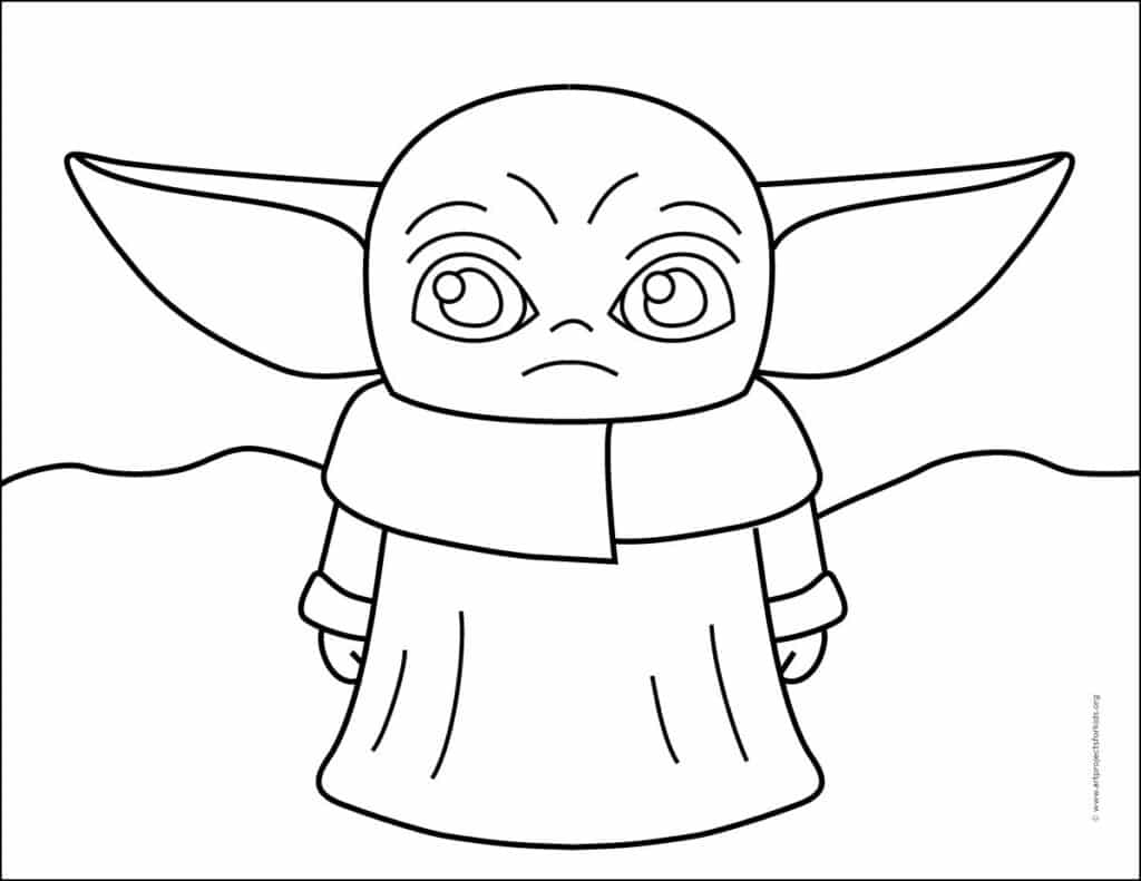 A Baby Yoda coloring page, available as a free download.