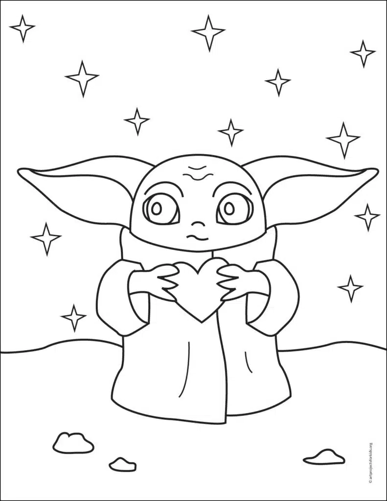 A Baby Yoda coloring page, available as a free download.