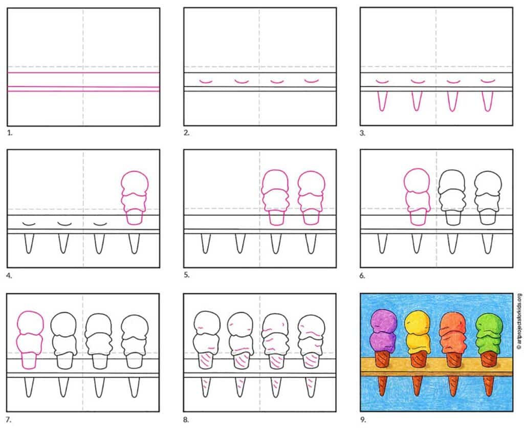 A preview of a step by step ice cream cone drawing tutorial.