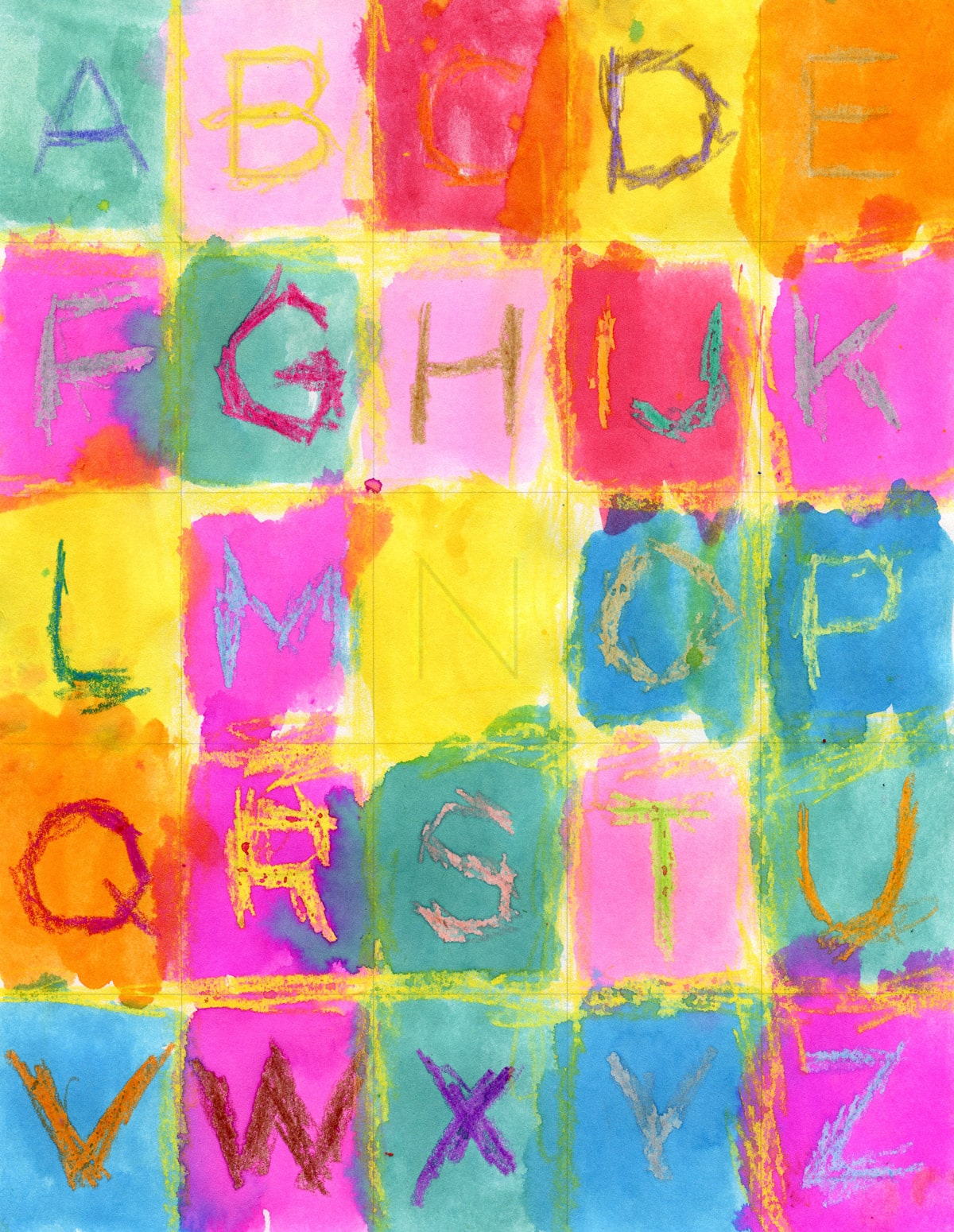 An easy Alphabet art project painting for kindergarten, available with a free template to download.