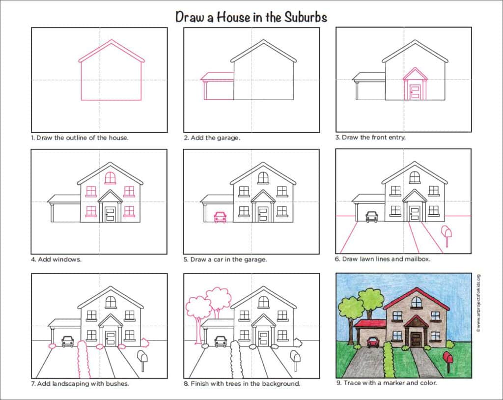 Easy How Draw a House with a Car Tutorial Video, Coloring Page