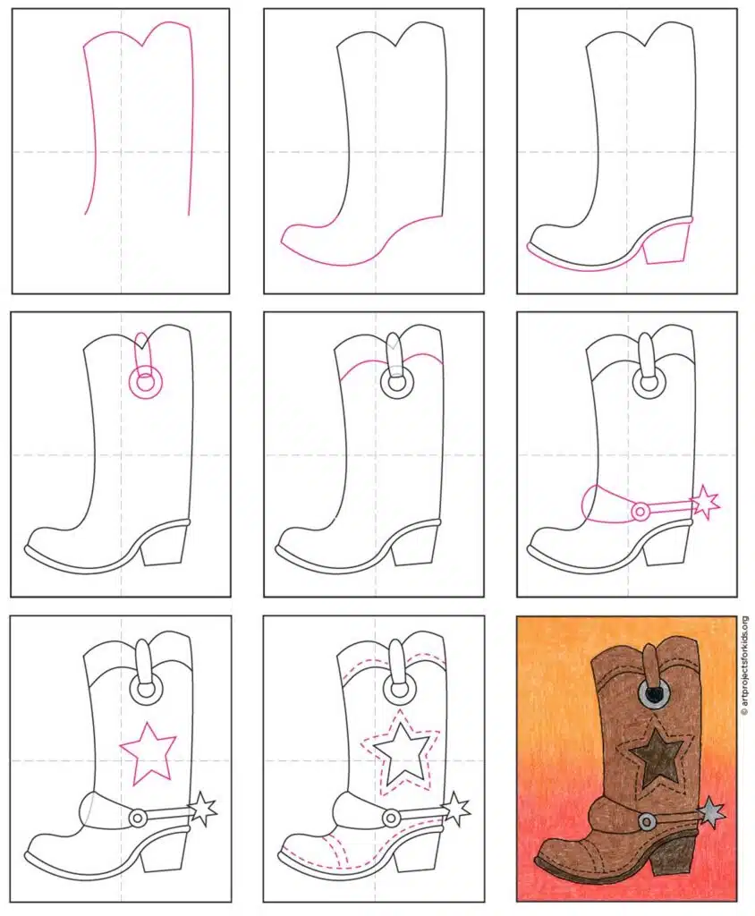 A step by step tutorial for how to draw cowboy boots