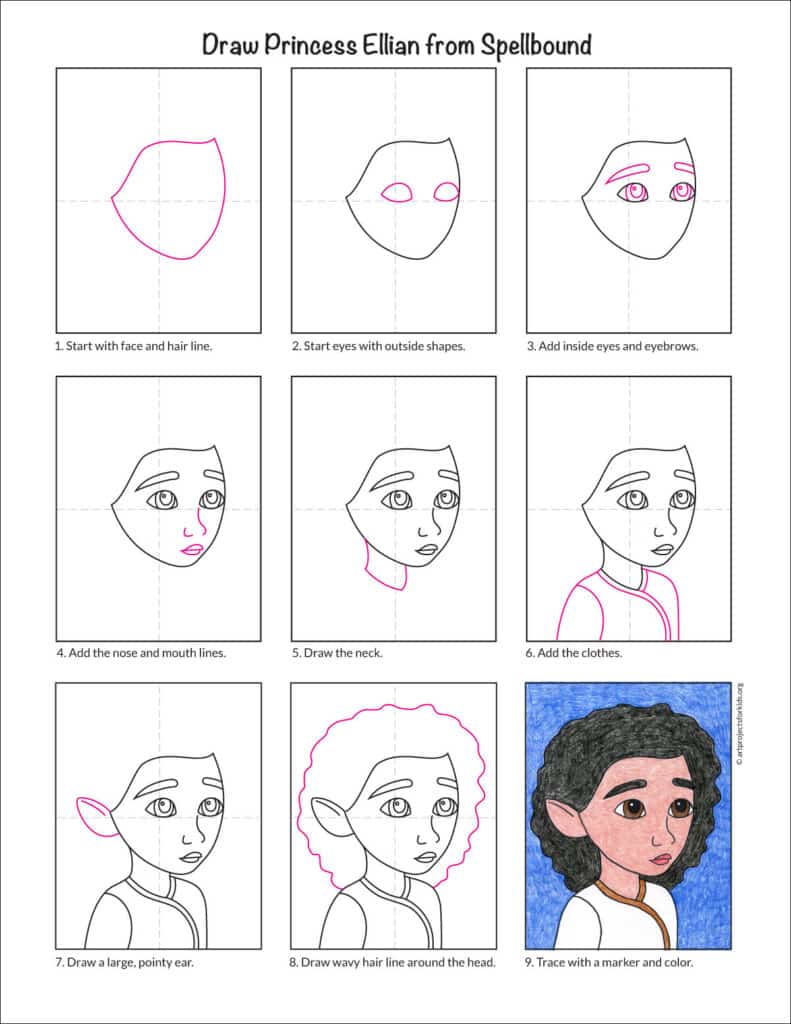 Preview of a step by step tutorial for how to draw Elian from Spellbound, available as a free tutorial.