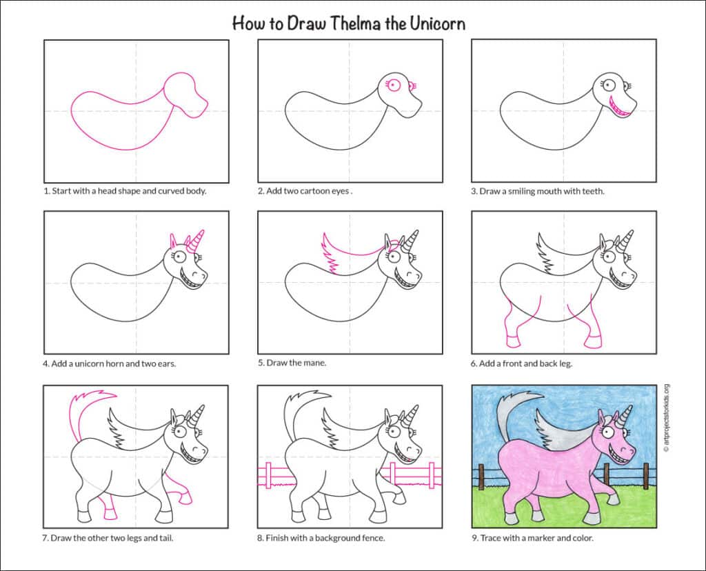 Preview of a step by step tutorial to show how to draw Thelma the Unicorn. Stop by and grab yours for free.