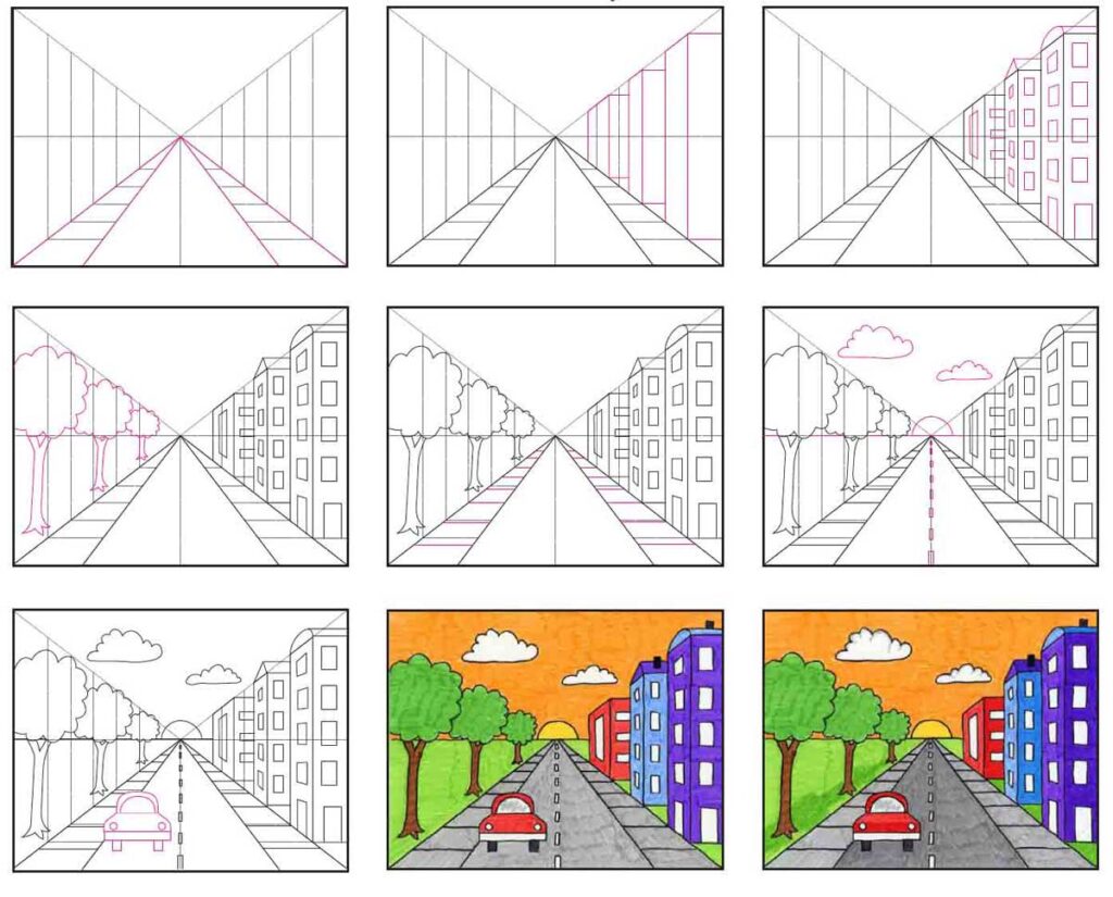 A step by step tutorial for how to draw an easy City with One Point Perspective, also available as a free PDF.