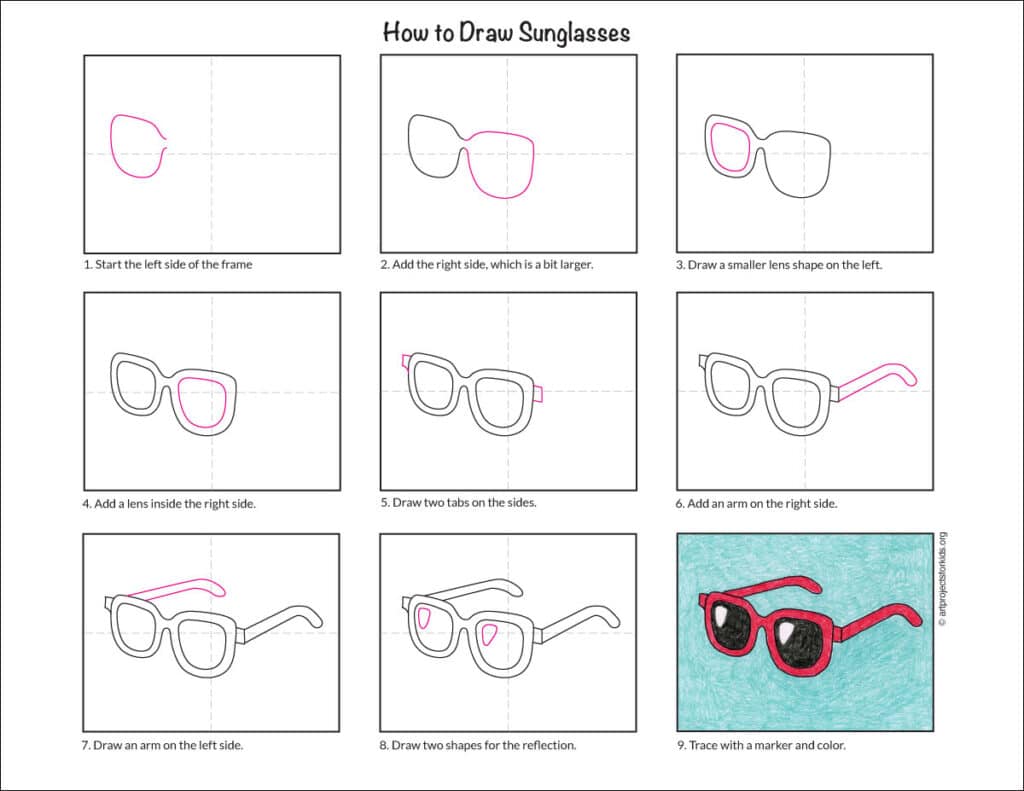 Preview of a step by step tutorial to show how to draw easy sunglasses. Stop by and grab yours for free!
