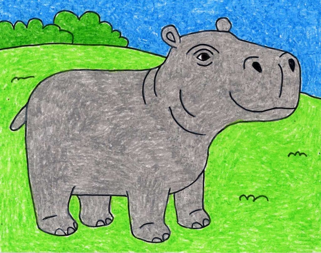 Easy How to Draw a Hippopotamus Tutorial Video & Coloring Page