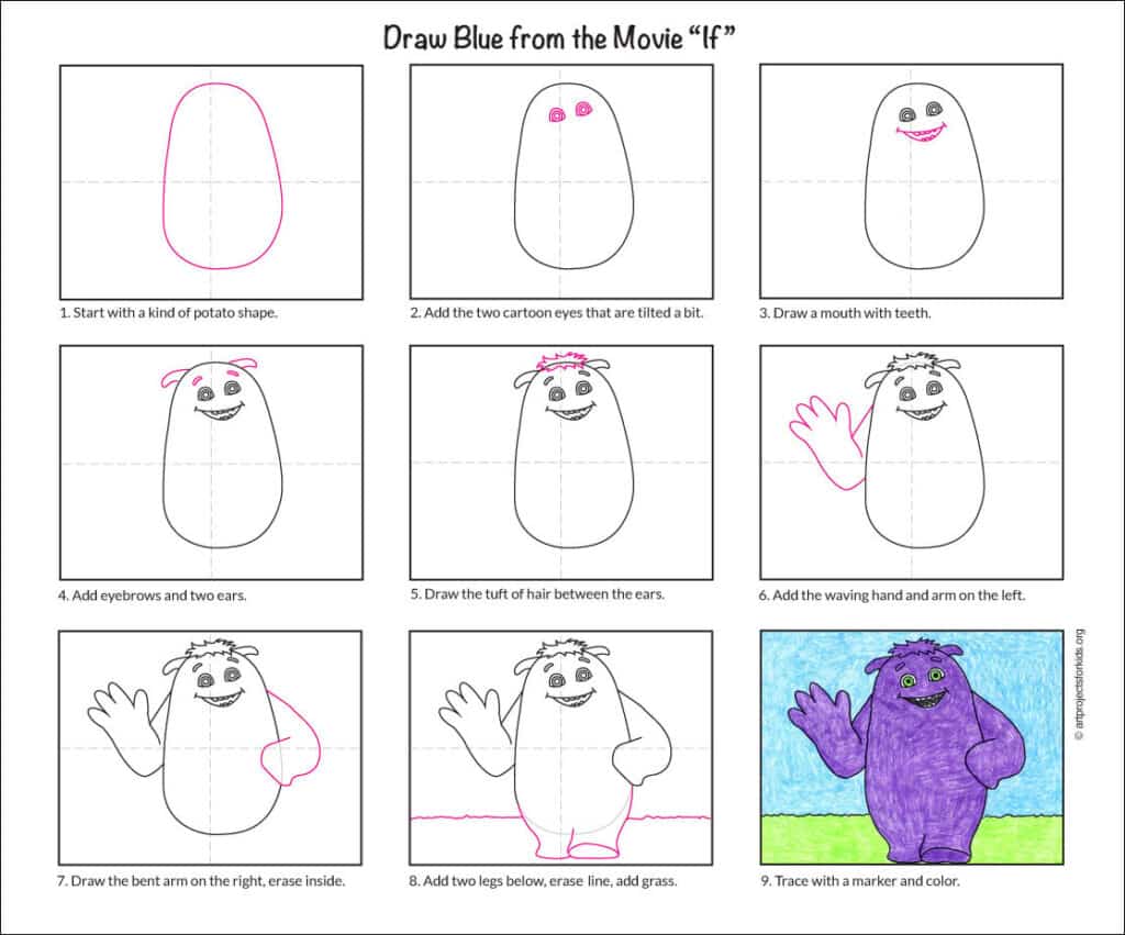 Preview of a step by step tutorial for how to draw Blue from the If movie, available as a free PDF.