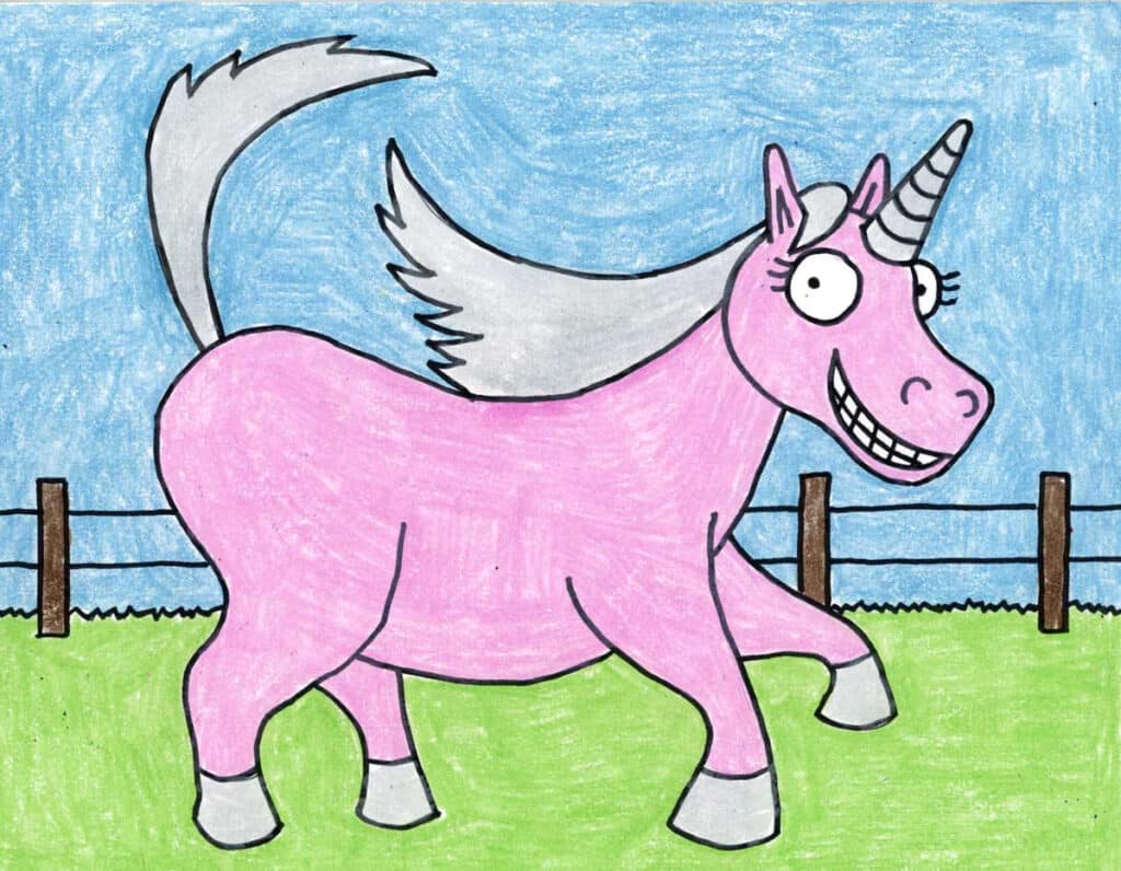 A drawing of Thelma the Unicorn, made with the help of a step by step tutorial.