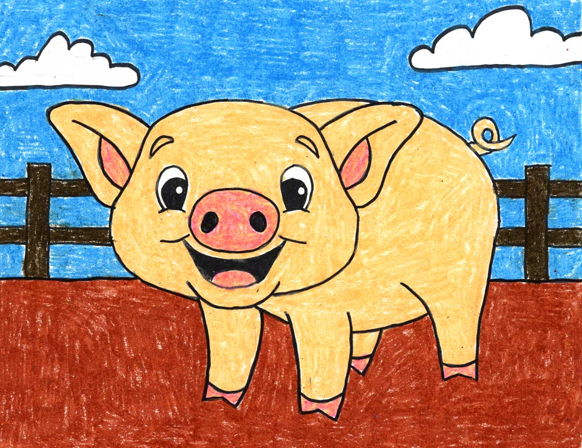 Easy How to Draw a Cartoon Pig Tutorial Video and Coloring Page