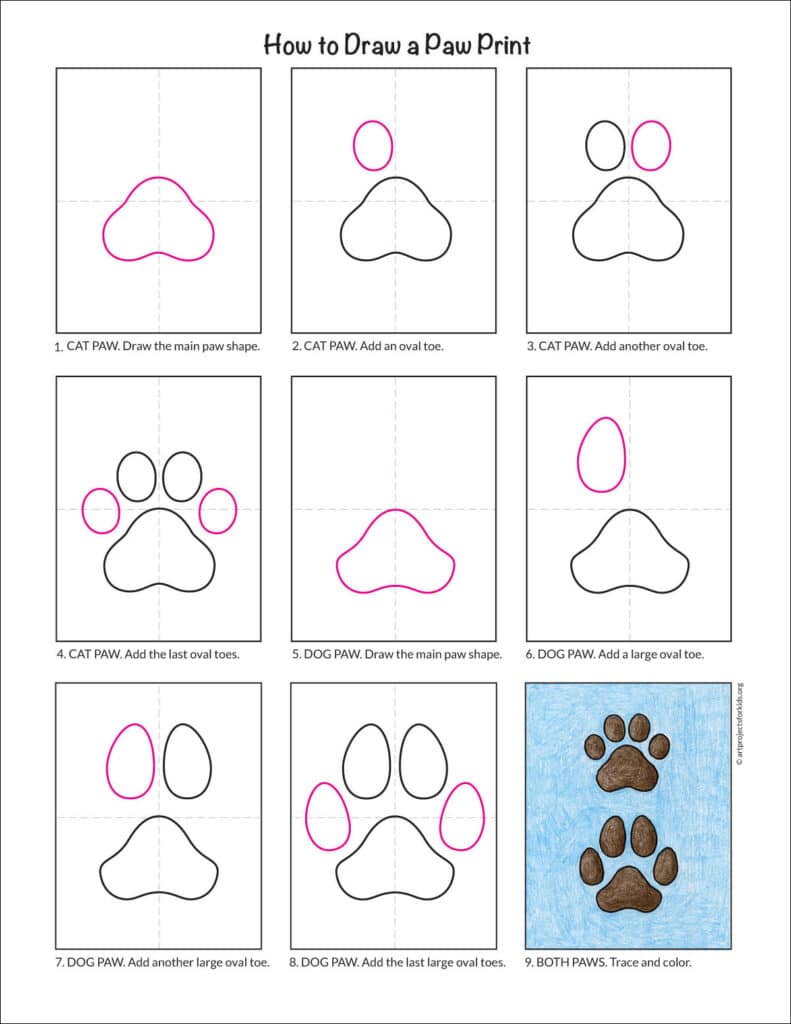 Preview of the step by step directions for how to draw paw prints, available as a free PDF.
