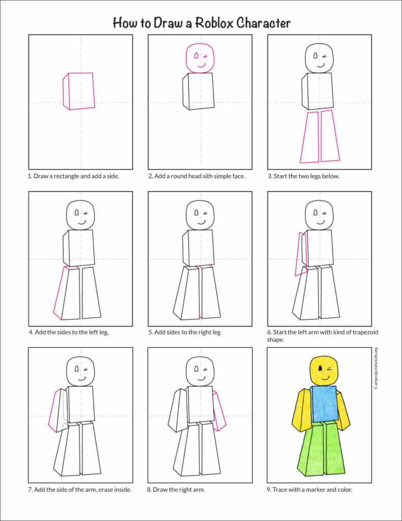 Preview of a tutorial for how to draw a Roblox character, available a s free PDF.