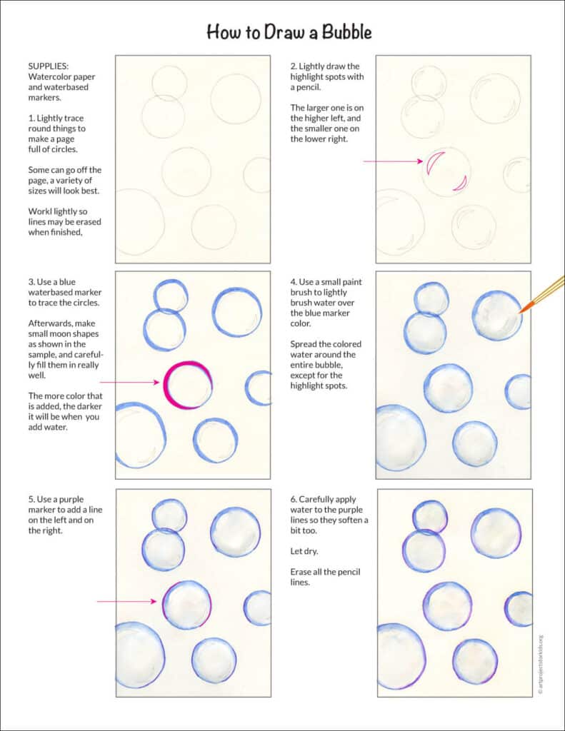 Preview of a step by step tutorial for how to draw bubbles, available as a free PDF.
