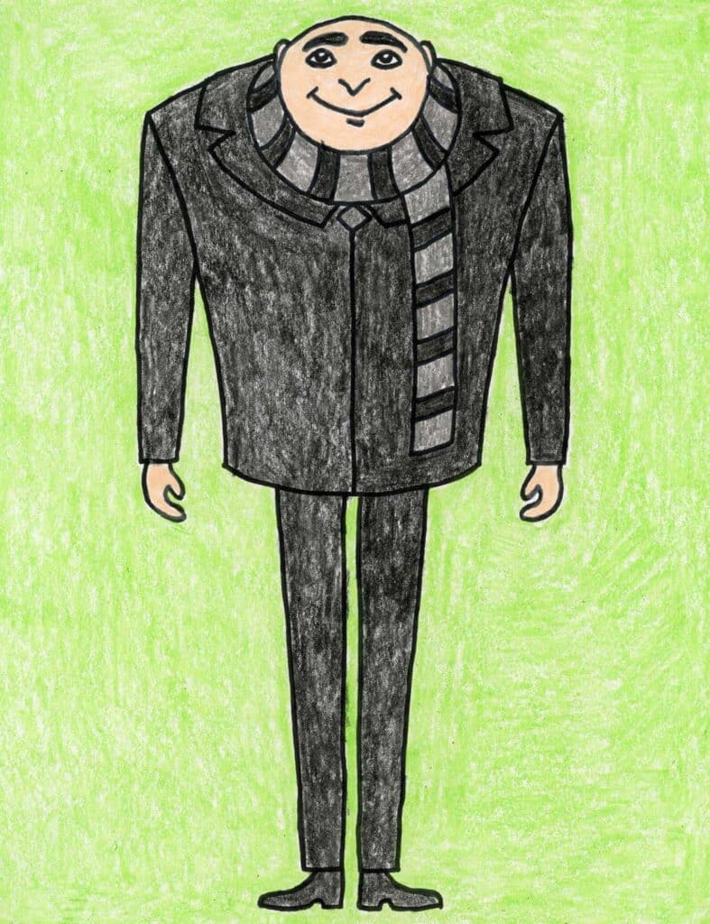 A drawing of Gru, made with the help of a step by step tutorial.