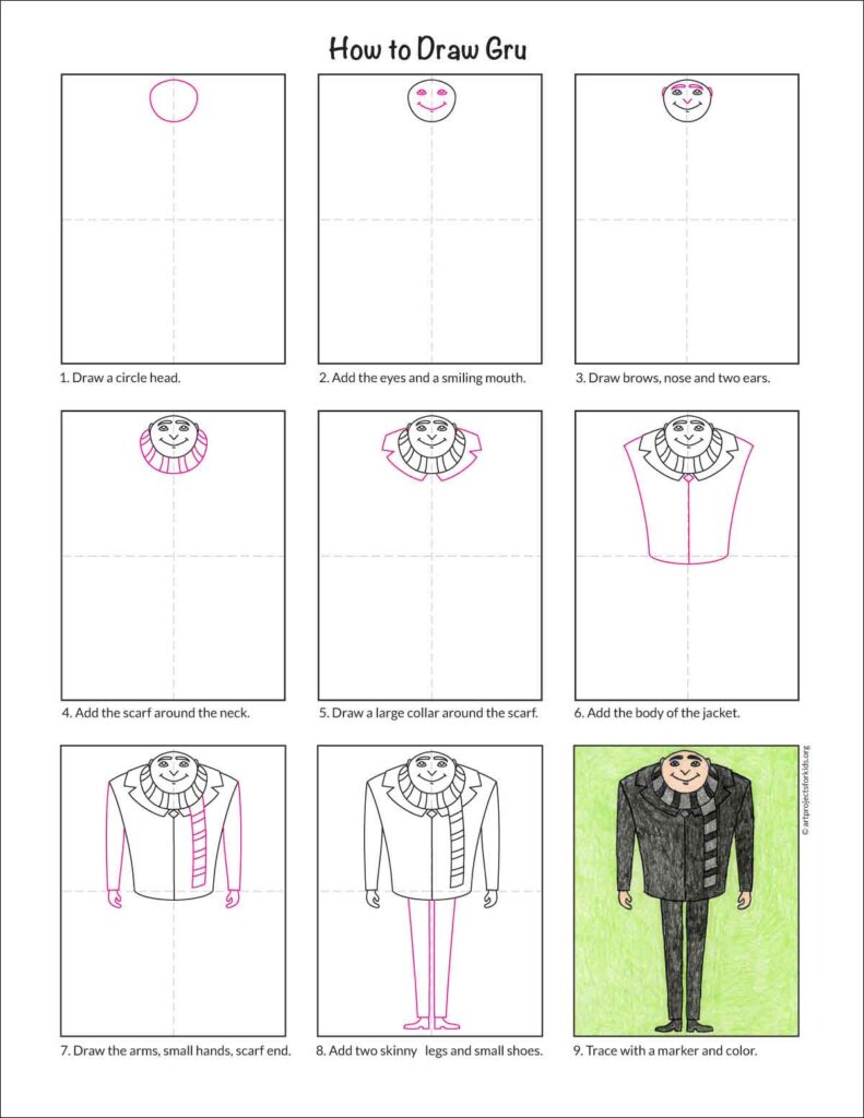 Preview of a step by step tutorial for how to draw Gru, available as a free PDF.