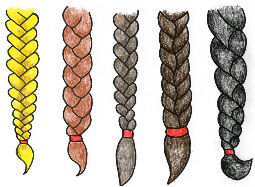 Drawings of braids, five different ways, made with the help of a stpe by step tutorial.