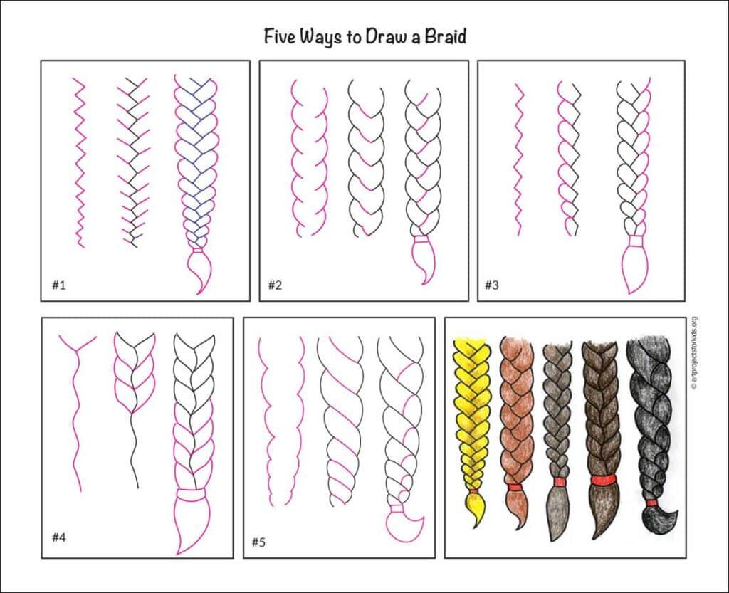 Preview of a tutorial for how to draw braids tutorial, available as a free PDF.