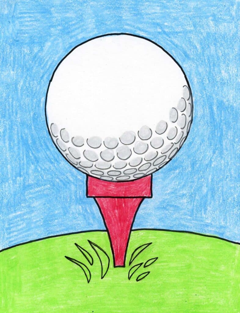 A drawing of a golf ball, made with the help of a step by step tutorial.