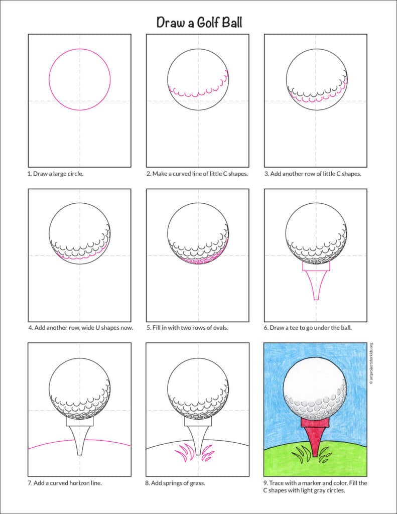 Preview of a tutorial for a golf ball drawing, available as a free PDF.