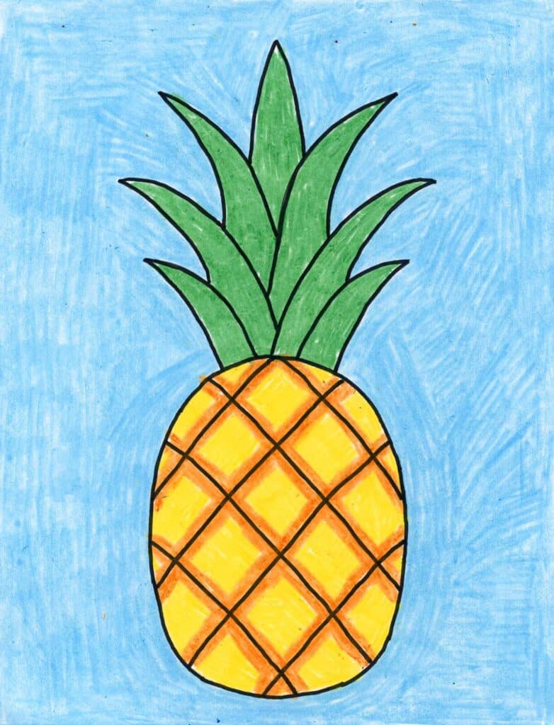 A drawing of a pineapple, made with the help of a step-by-step tutorial.