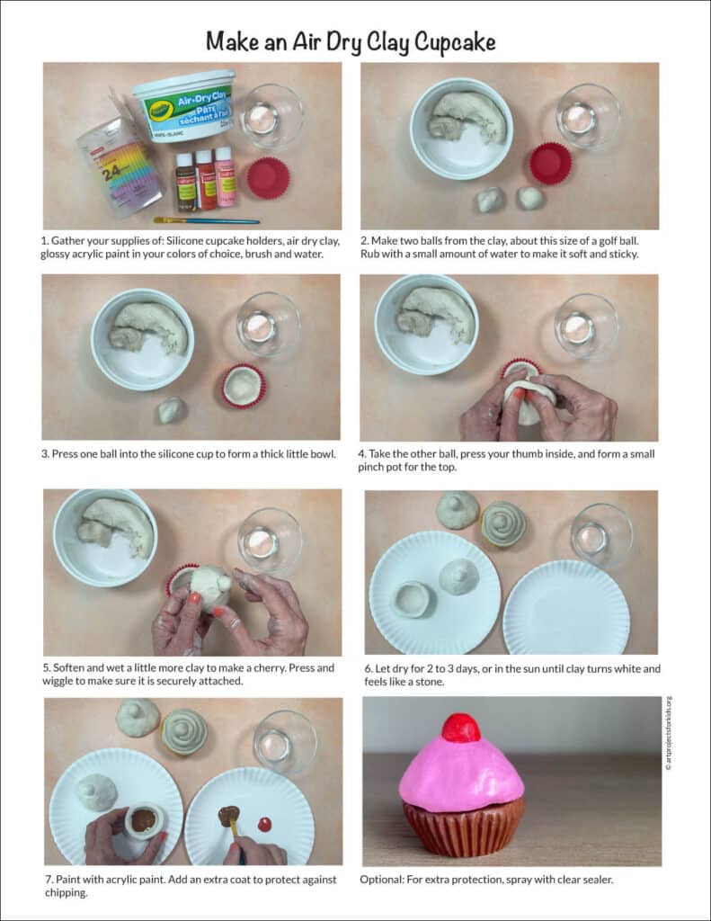 Preview of the clay cupcake tutorial, available as a free PDF. Stop by and grab yours for free.
