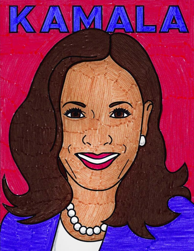 A drawing of Kamala Harris, made with the help of a step by step tutorial.