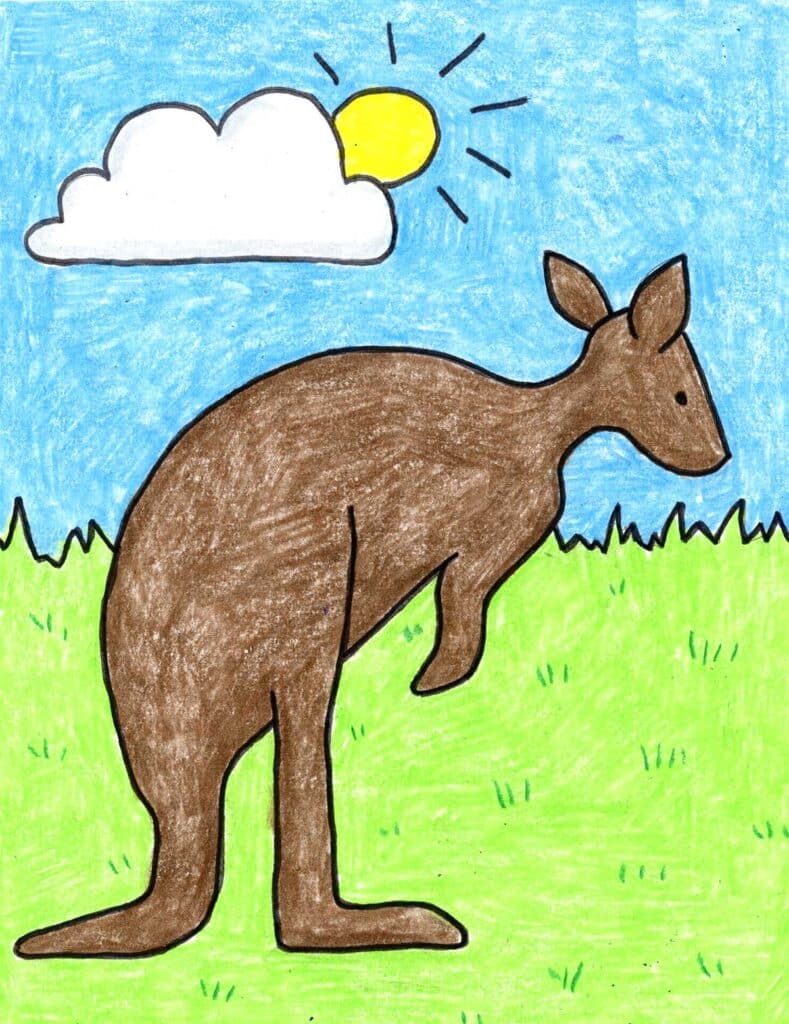 A drawing of a kangaroo, made with the help of a step by step tutorial.