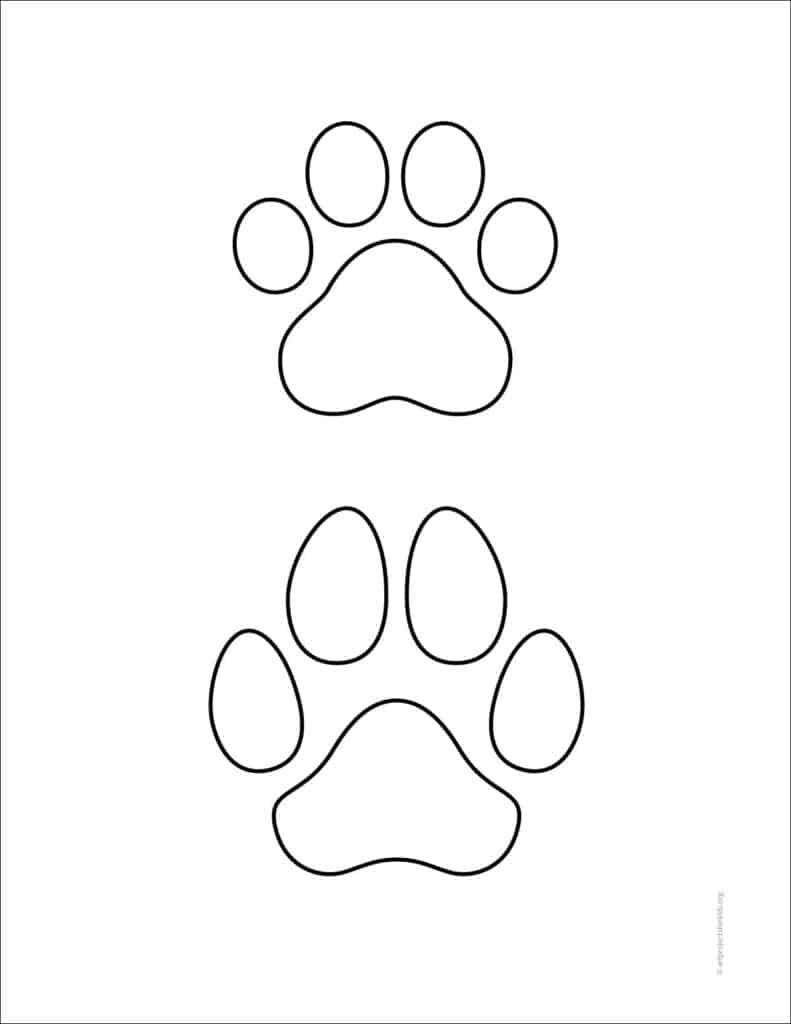 A paw print coloring page, available as a free PDF.